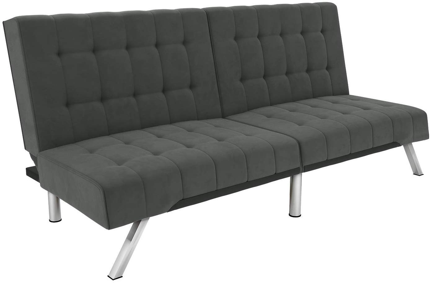 DHP Emily Futon Couch Bed, Modern Sofa Design Includes Sturdy Chrome Legs and Rich Velvet Upholstery, Grey