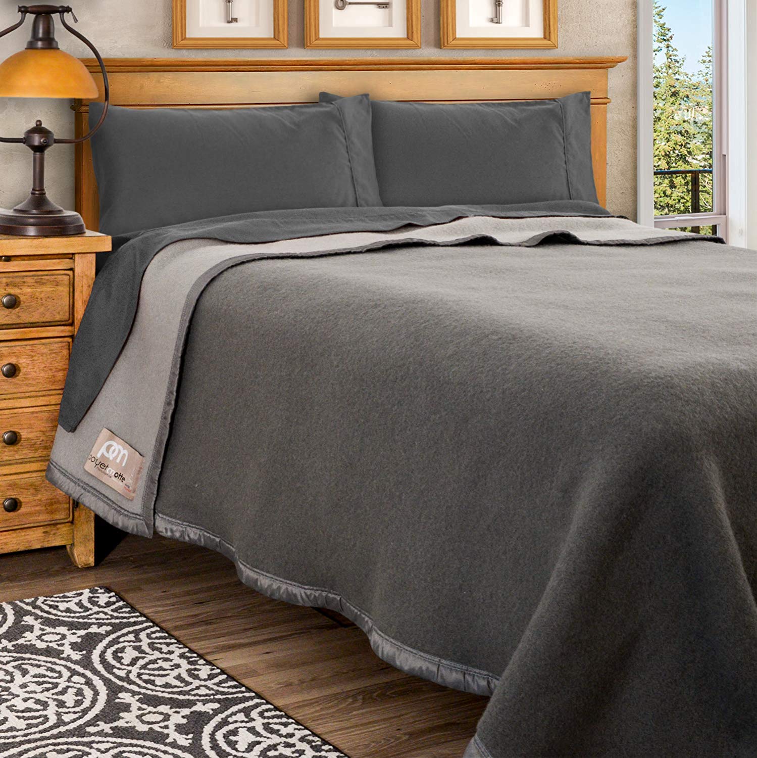 Poyet Motte Aubisque 500GSM Heavyweight 100-Percent Wool Blanket (Full/Queen, Grey/Lt Grey)