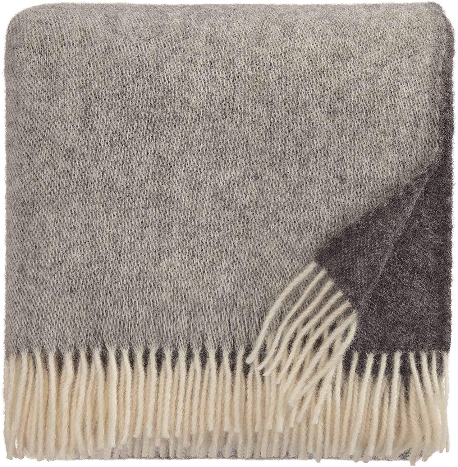 URBANARA 100% Pure Scandinavian Wool Throw Salakas 55x87 Brown-Grey/Cream with Fringe — Virgin Wool Blanket with Two Main Colors — Perfect for Couch, Sofa, Bedroom, King or Queen Size Bed