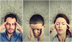 Closeup portrait sad young woman, man and child with worried stressed face expression and brain melting into lines question marks. Obsessive compulsive, adhd and sleep concept.