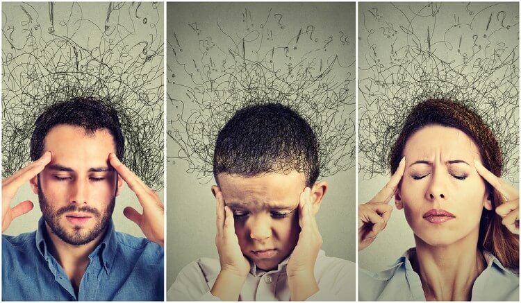 Closeup portrait sad young woman, man and child with worried stressed face expression and brain melting into lines question marks. Obsessive compulsive, adhd and sleep concept.