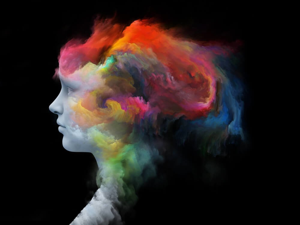 Mind Fog series. 3D rendering of human face morphed with fractal paint on the subject of inner world, dreams, emotions, creativity, imagination and human mind -.