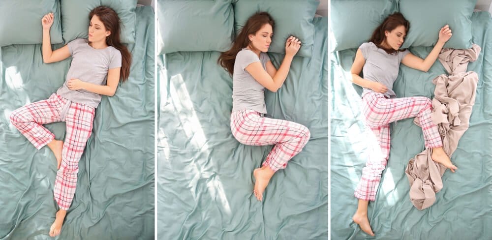 Beautiful woman sleeping in different positions on bed, top view .