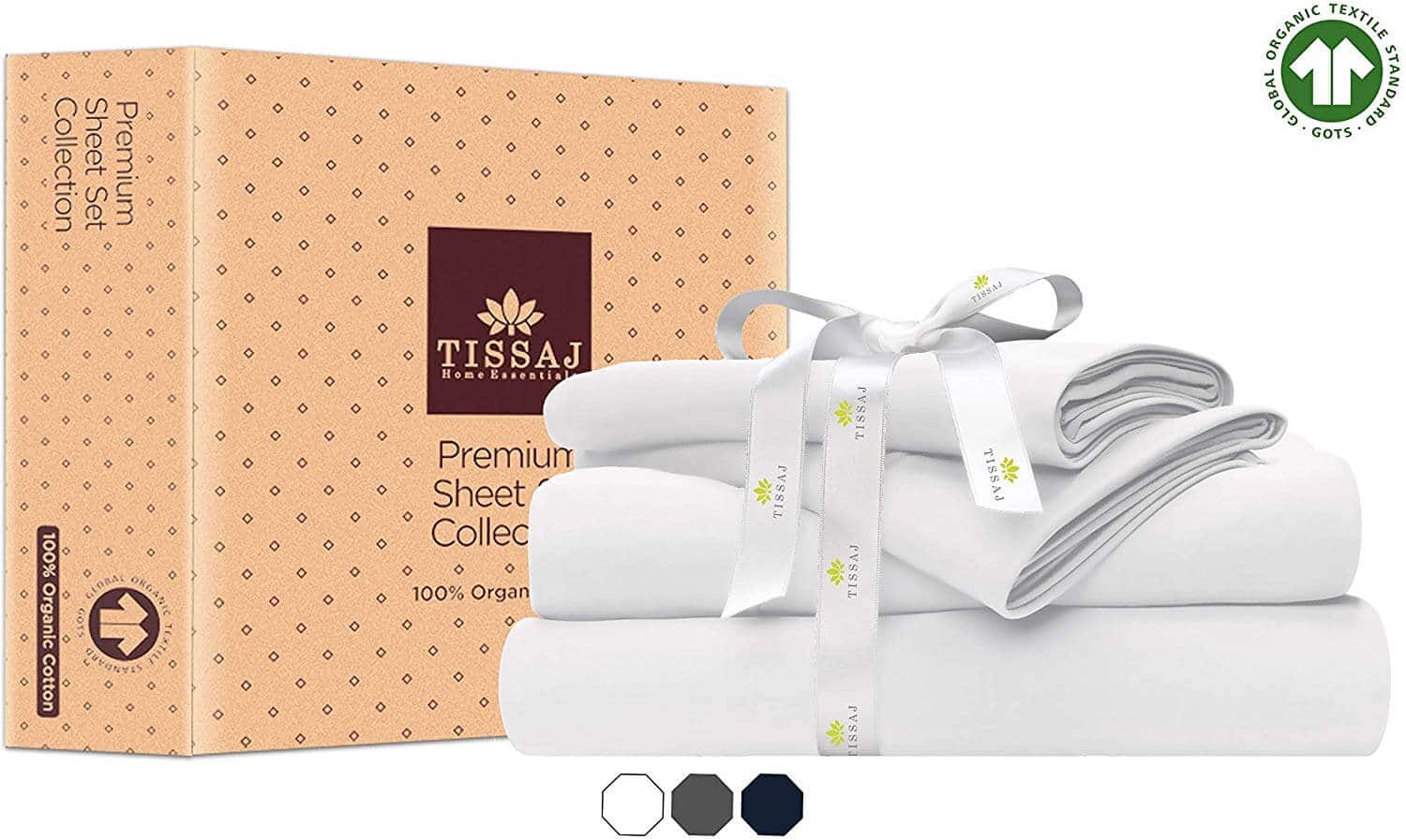 Tissaj King Size Bed Sheets Set - Ultra White Color - 100% GOTS Certified Organic Cotton - 300 TC Thread Count - 4 Piece Bedding - 2 Pillow Cases, Flat Sheet & Fitted Sheet with 16 Inch Deep Pocket