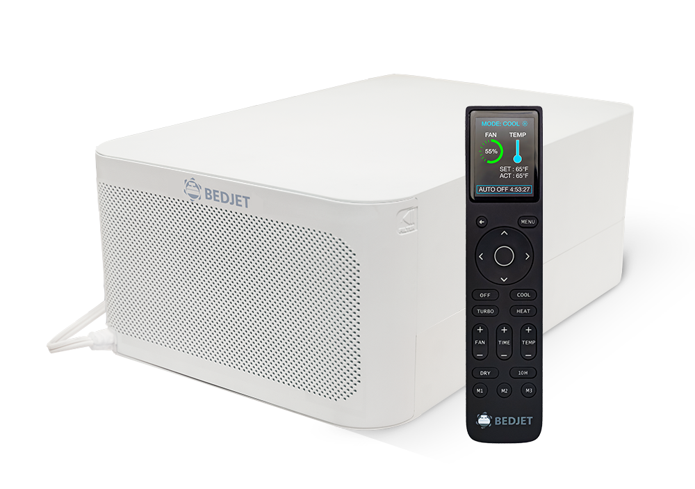 A white BedJet 3 with a black digital remote control.