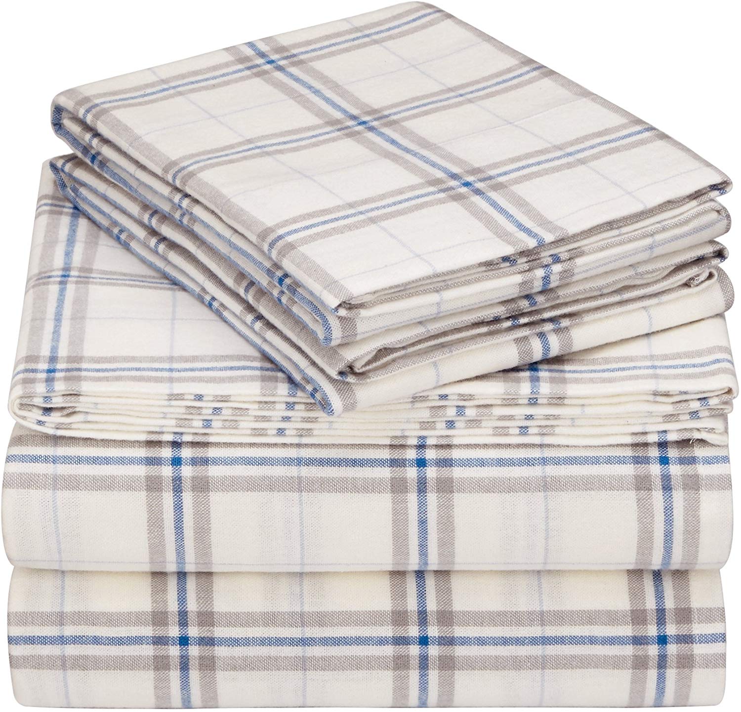 Pinzon 160 Gram Plaid Flannel Cotton Bed Sheet Set, King, Cream / Blue Stripe Plaid