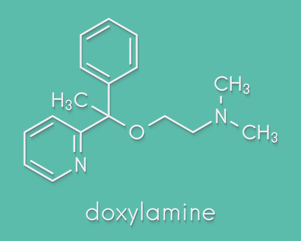 Doxylamine antihistamine drug molecule. Also used as over-the-counter (OTC) sedative. Skeletal formula. Found in Nyquil.